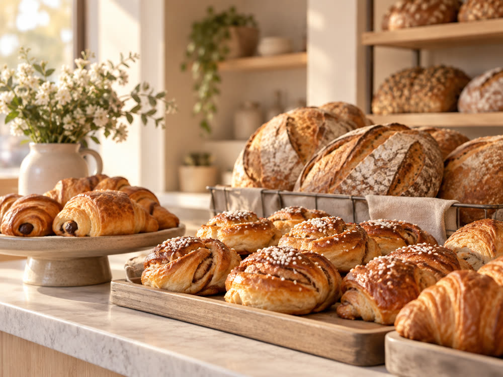 Counter with freshly baked buns and bread in a bakery